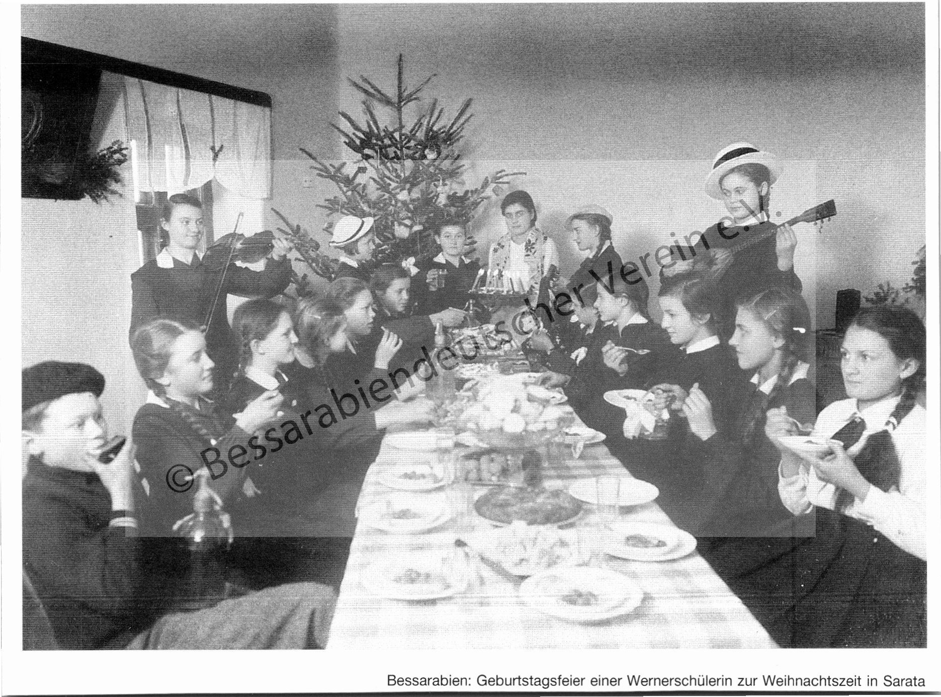 Postkarte - Geburtstagsfeier einer Wernerschülerin zur Weihnachtszeit in Sarata