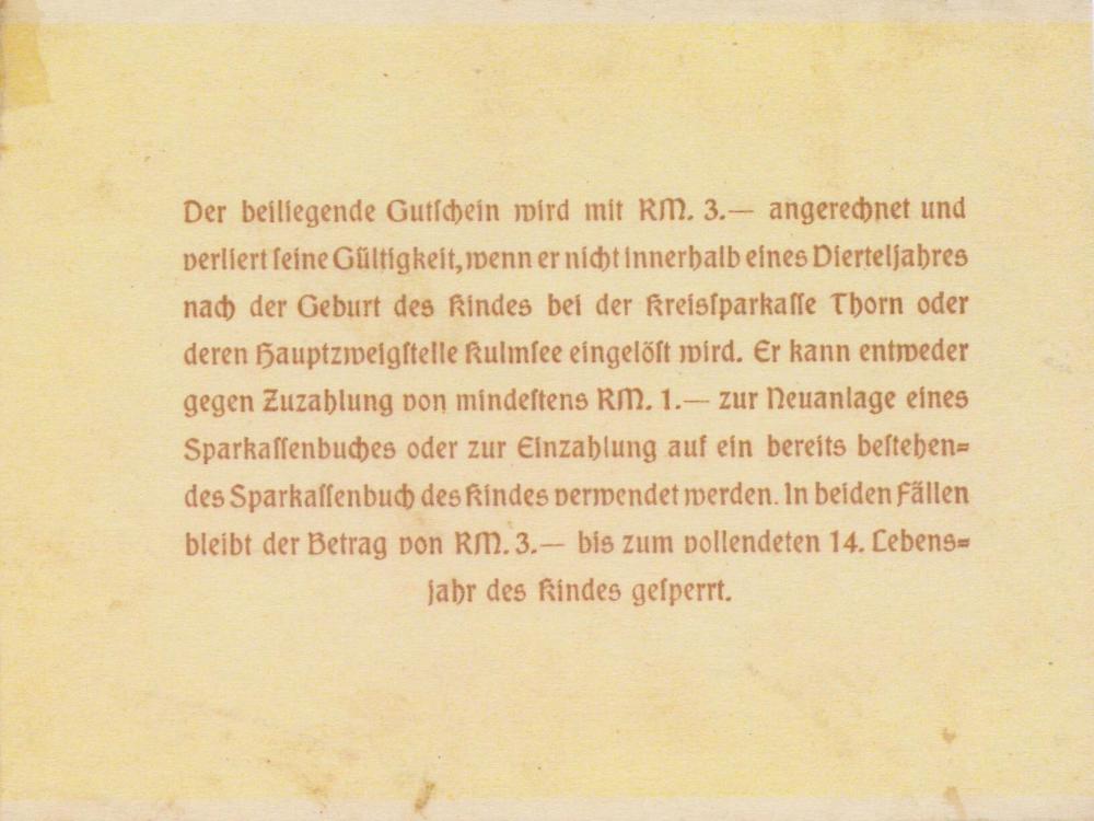  ...wenn sie ihnnerhalb eines Vierteljahres  nach der Geburt des Kindes den Gutschein  für ein Sparkonto einlösen.