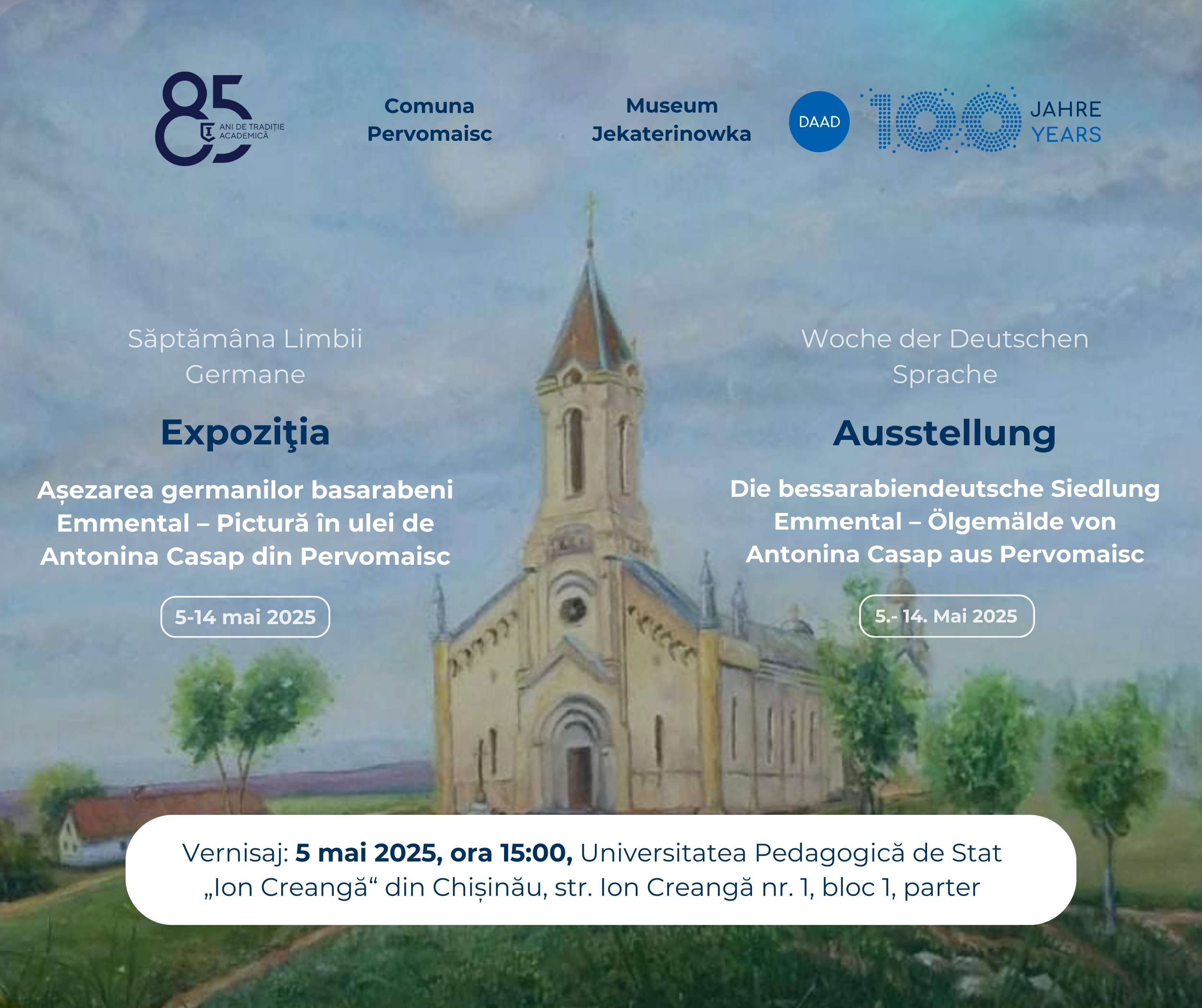 Das Ausstellungsplakat hat als Grundlage das Ölgemälde „Die  katholische Kirche von Emmental“ von Antonina Casap.