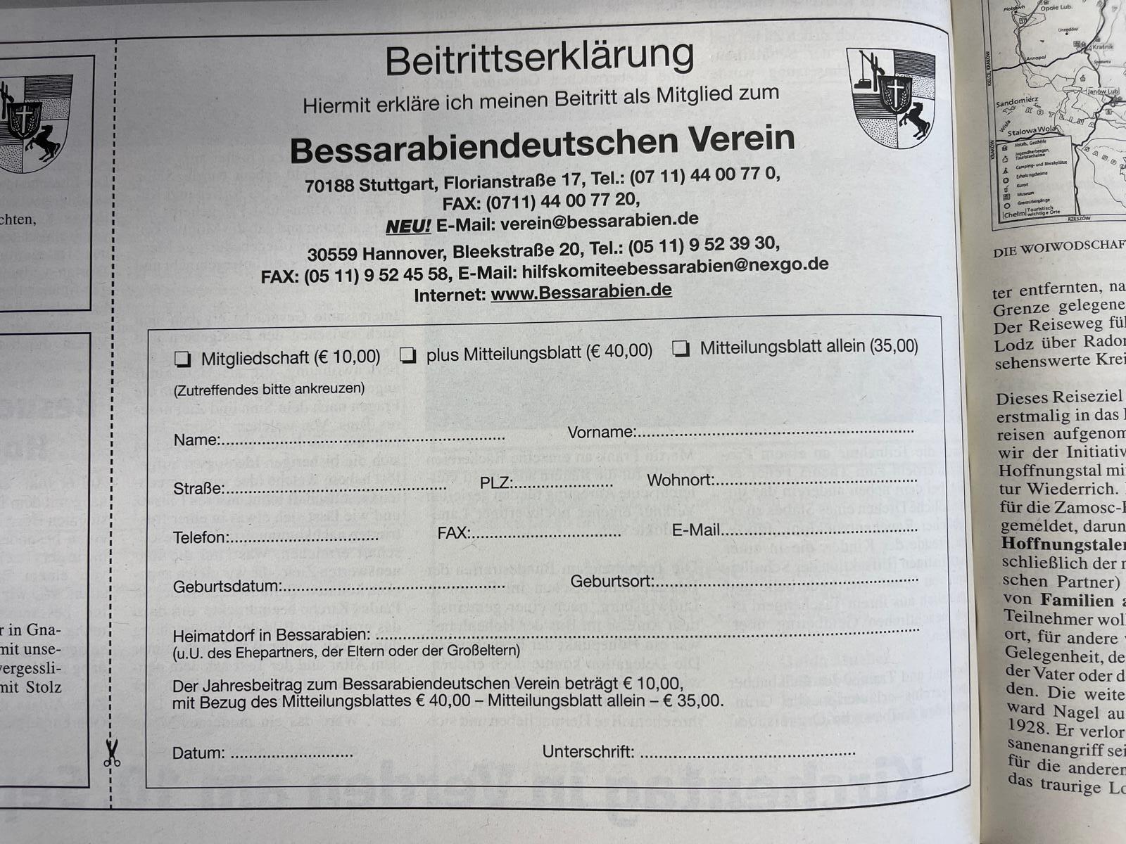 Beitrittserkl&auml;rung, wie sie 2006 mehrfach im  &bdquo;Mitteilungsblatt&ldquo; ver&ouml;ffentlicht wurde