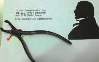 Zahn-Extraktions-Zange auf der Visitenkarte von Dr. Georg Friedrich Lütze